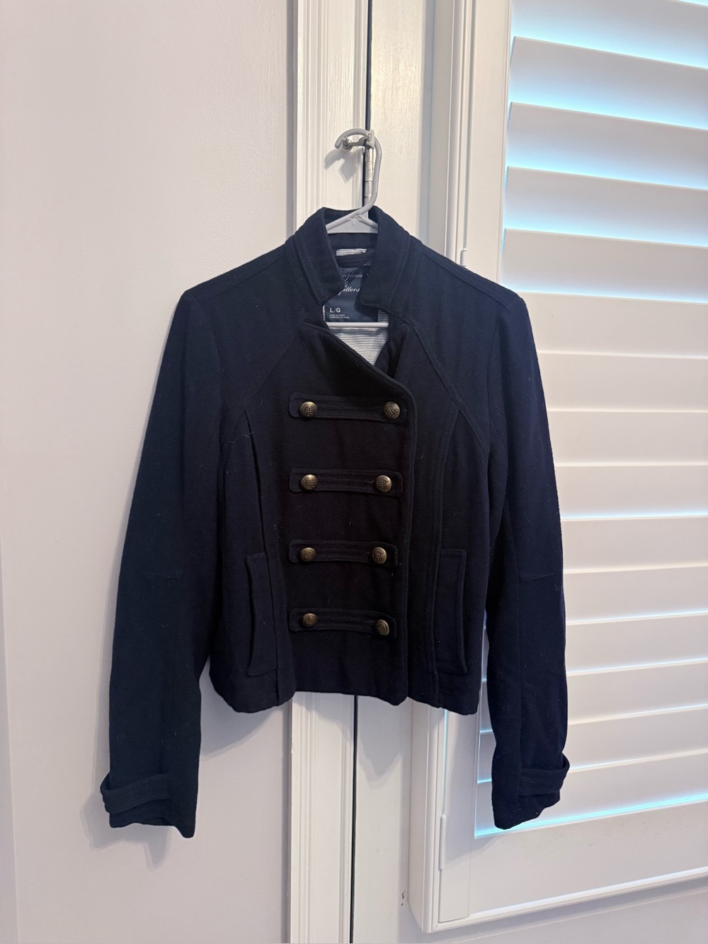 Vintage American Eagle Military Style Wool Blend Large Navy Blue Pea Coat